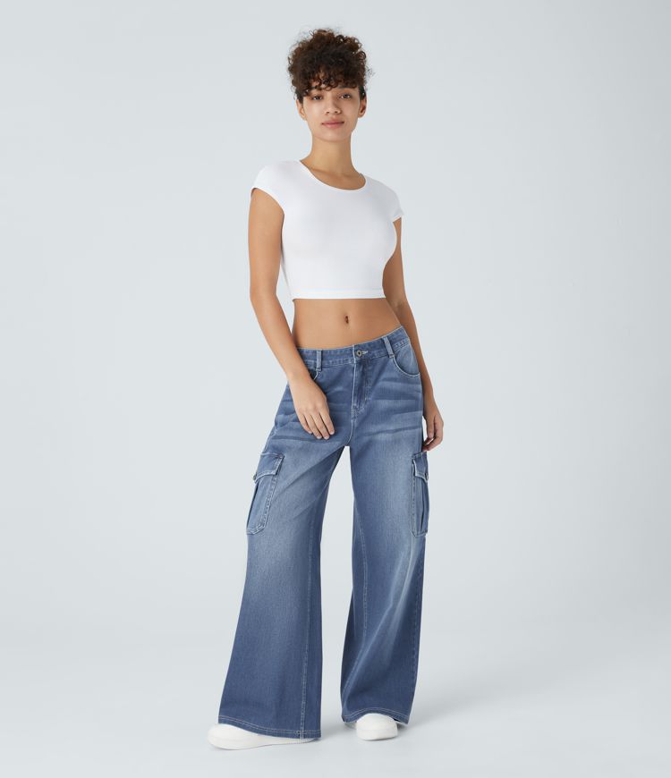 jean cargo halara flex taille basse poches coupe ample et jambes larges.
