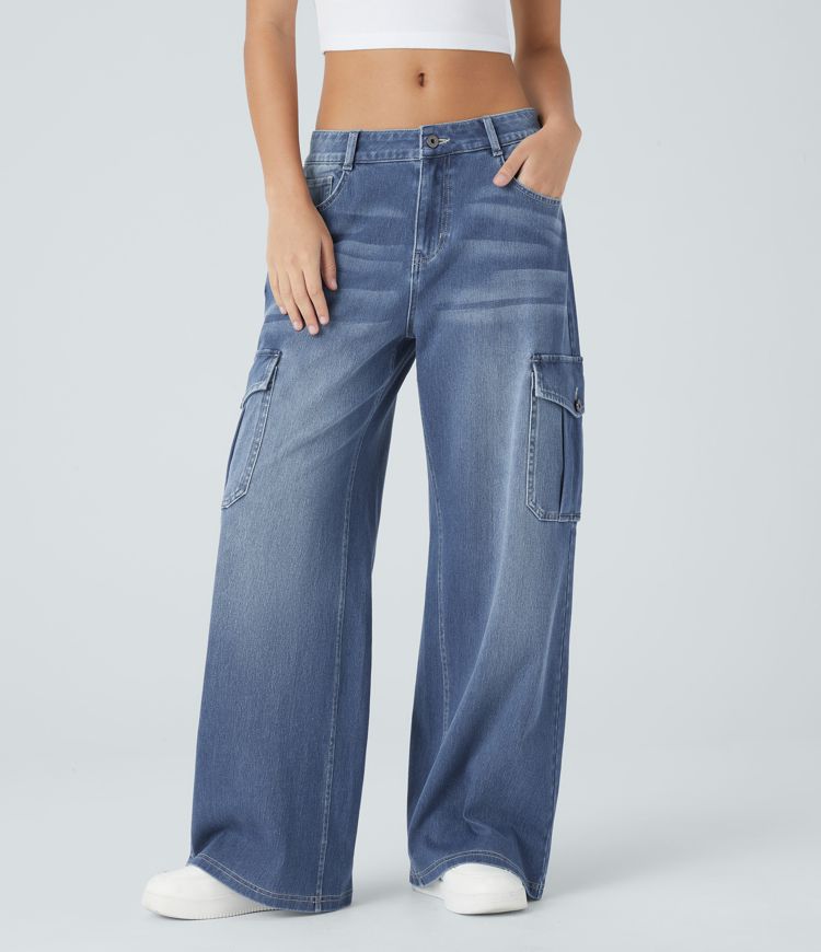 jean cargo halara flex taille basse poches coupe ample et jambes larges.