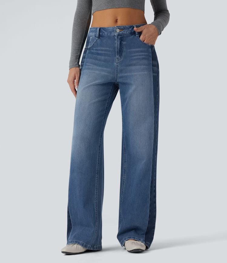 jean décontracté halara flex taille basse jambes larges color block avec poches