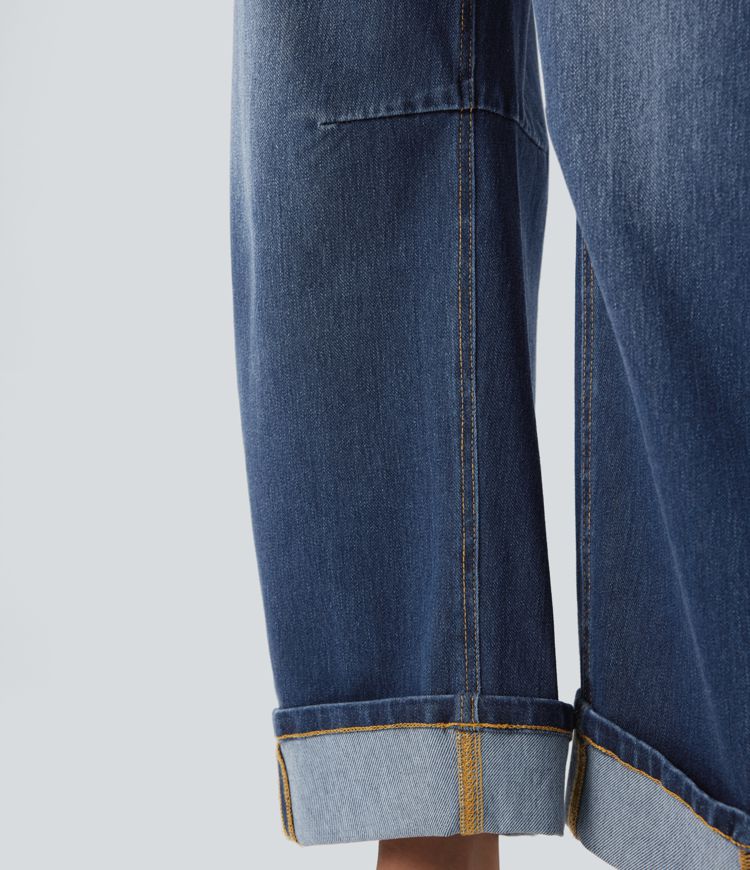 jean décontracté halara flex taille mi-haute coupe tonneau délavé et avec poches