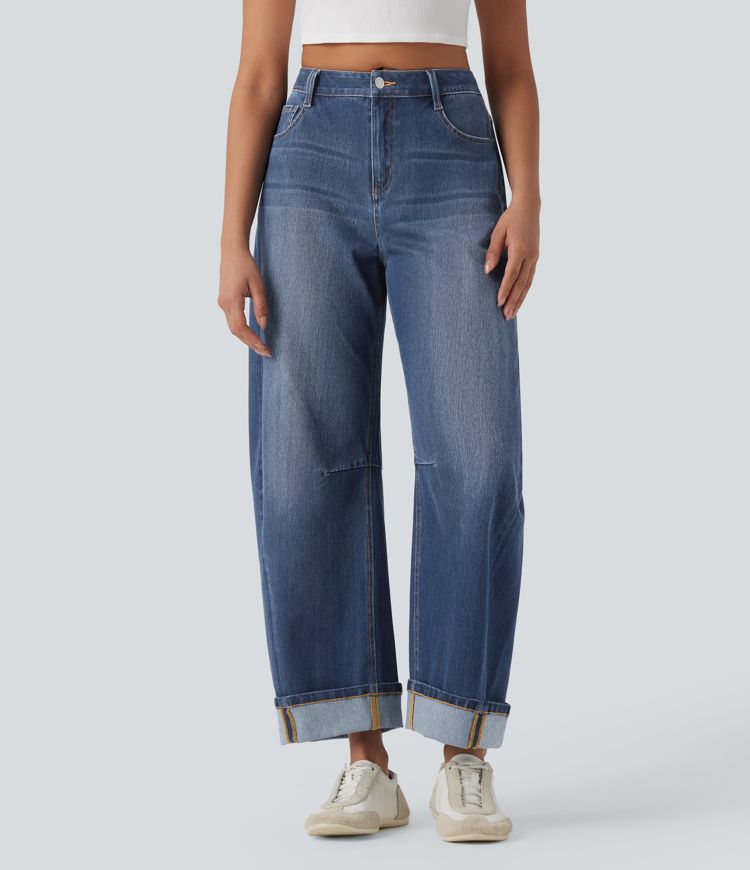 jean décontracté halara flex taille mi-haute coupe tonneau délavé et avec poches