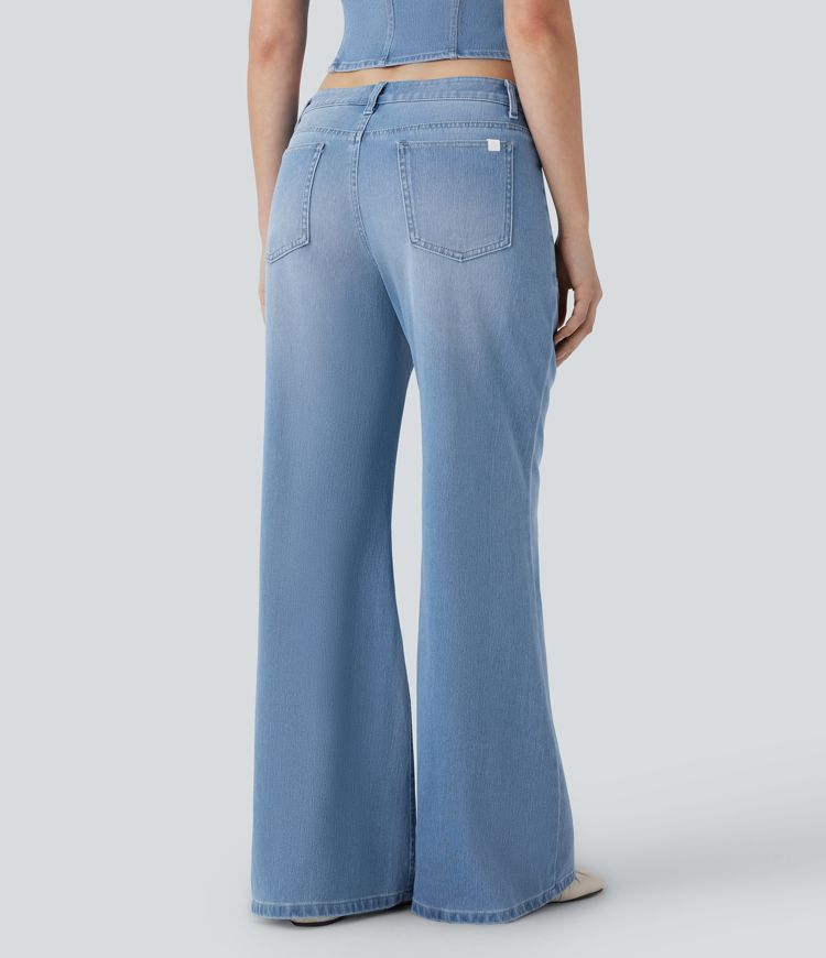 jean décontracté halara flex taille basse avec poches zippées et jambes larges évasées.