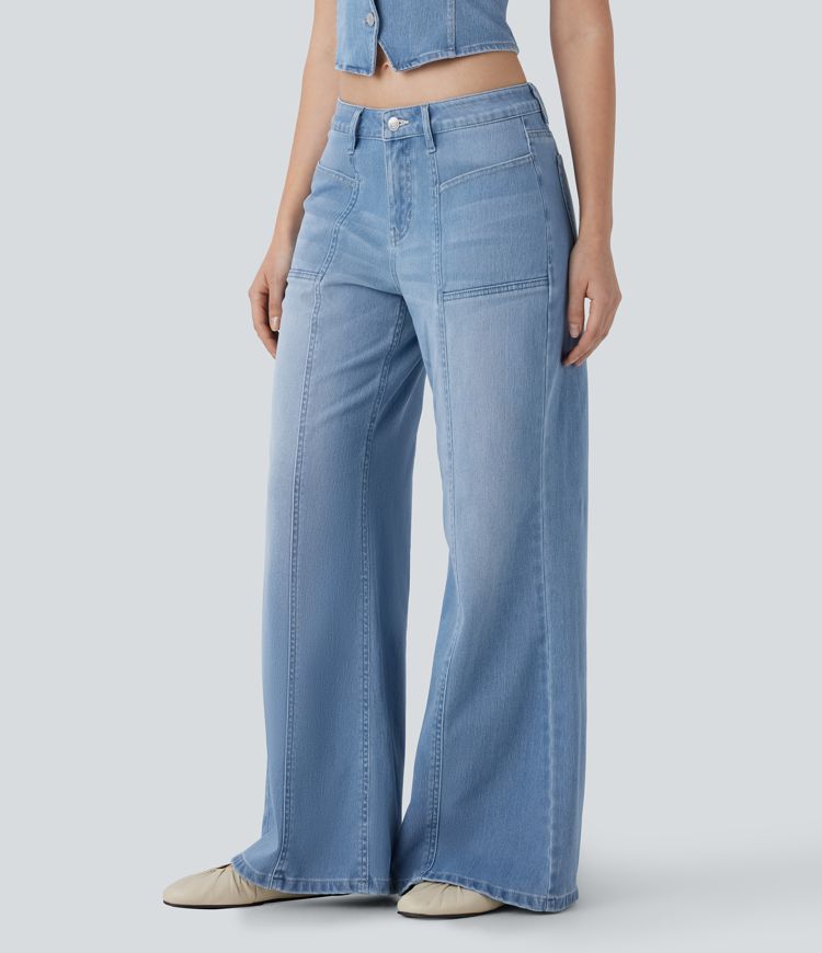 jean décontracté halara flex taille basse avec poches zippées et jambes larges évasées.