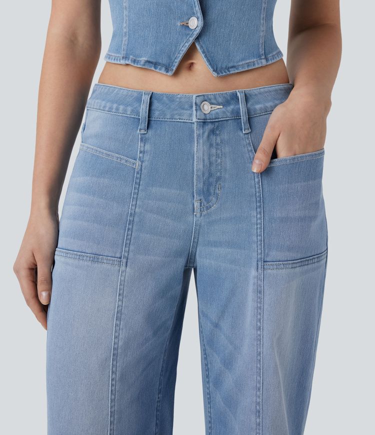 jean décontracté halara flex taille basse avec poches zippées et jambes larges évasées.