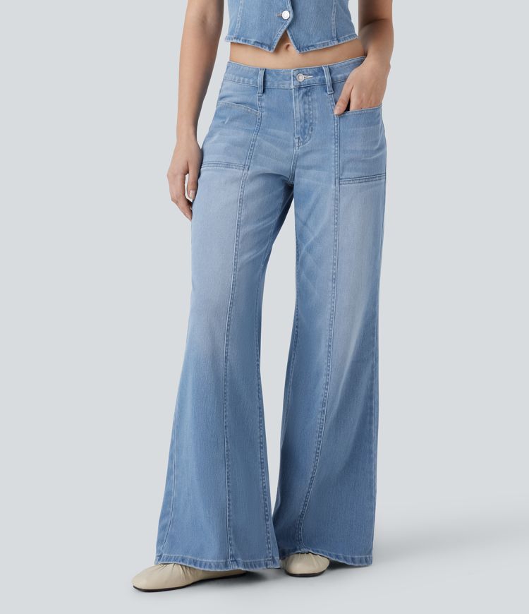 jean décontracté halara flex taille basse avec poches zippées et jambes larges évasées.