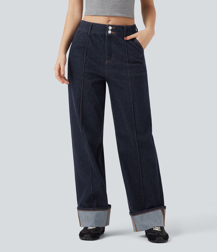 jean décontracté halara flex à taille mi-haute jambes larges déperlant et résistant à lhuile avec poches