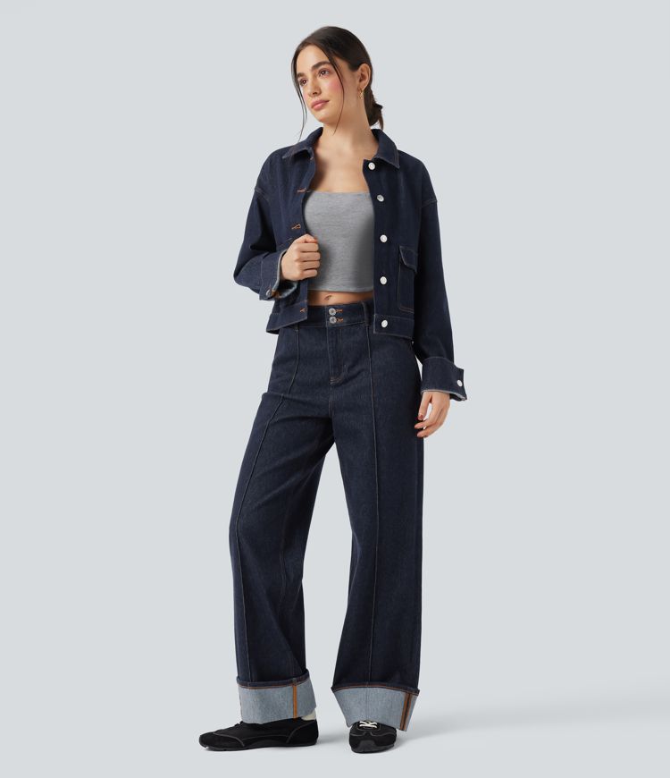 jean décontracté halara flex à taille mi-haute jambes larges déperlant et résistant à lhuile avec poches