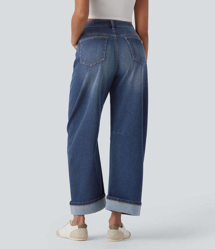 jean décontracté halara flex taille mi-haute coupe tonneau délavé et avec poches