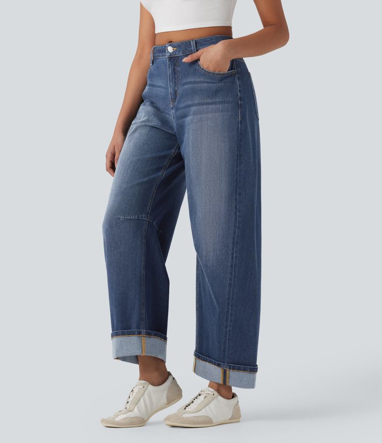 jean décontracté halara flex taille mi-haute coupe tonneau délavé et avec poches