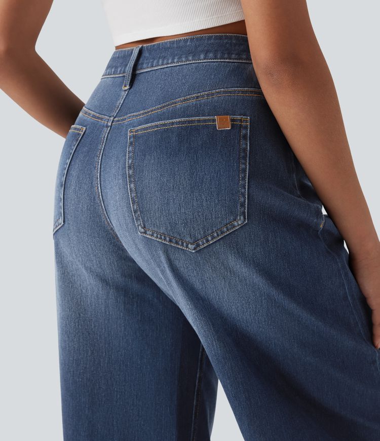jean décontracté halara flex taille mi-haute coupe tonneau délavé et avec poches
