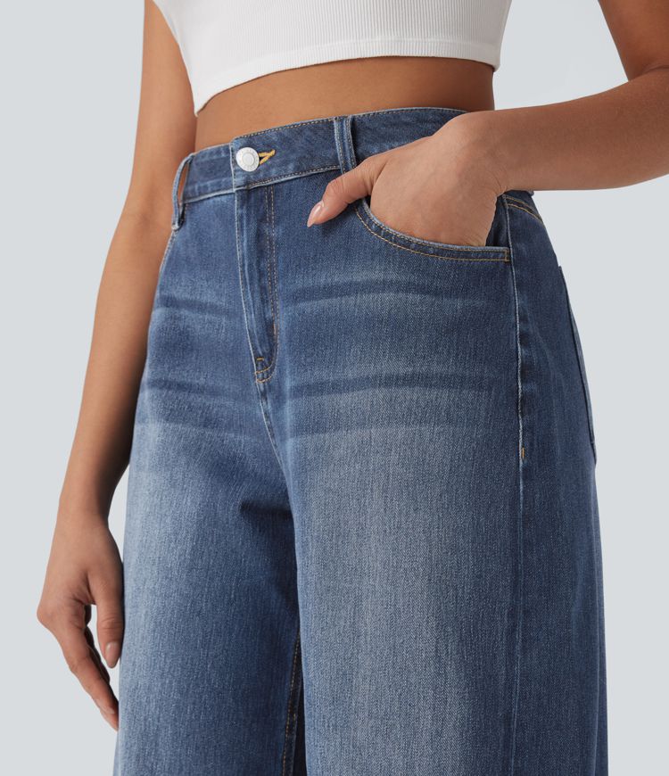 jean décontracté halara flex taille mi-haute coupe tonneau délavé et avec poches