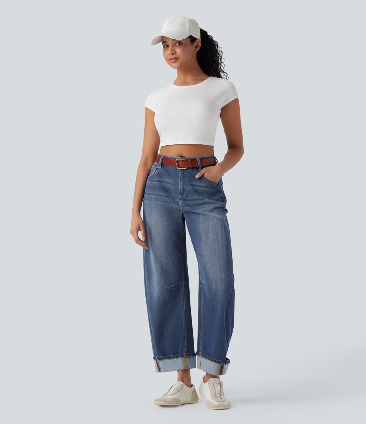 jean décontracté halara flex taille mi-haute coupe tonneau délavé et avec poches