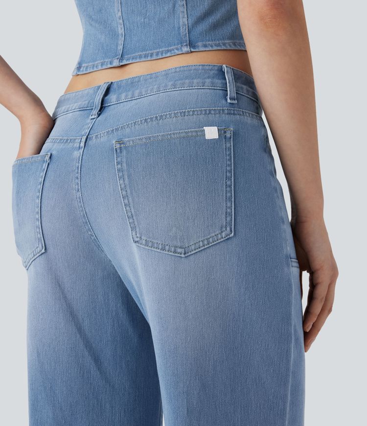 jean décontracté halara flex taille basse avec poches zippées et jambes larges évasées.