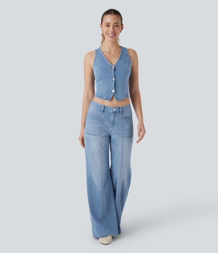 jean décontracté halara flex taille basse avec poches zippées et jambes larges évasées.