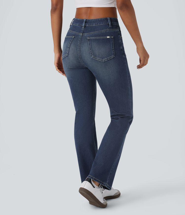 jean décontracté taille haute halara flex à poches et coupe bootcut délavé