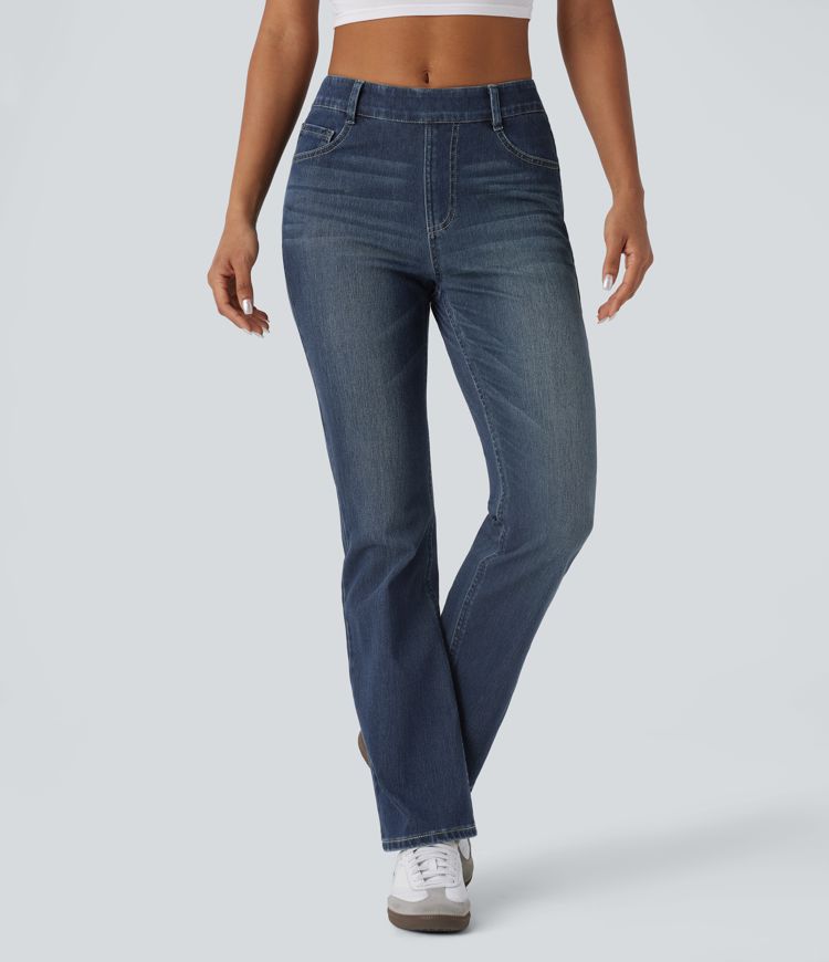 jean décontracté taille haute halara flex à poches et coupe bootcut délavé