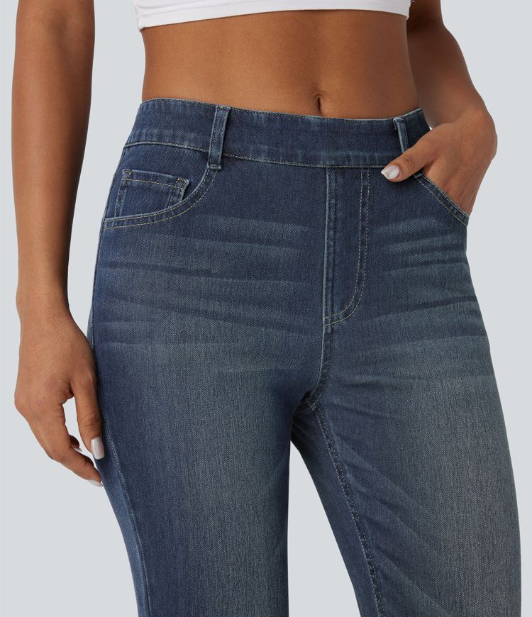 jean décontracté taille haute halara flex à poches et coupe bootcut délavé