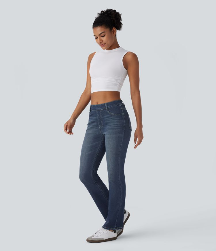 jean décontracté taille haute halara flex à poches et coupe bootcut délavé
