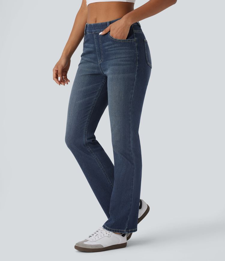 jean décontracté taille haute halara flex à poches et coupe bootcut délavé