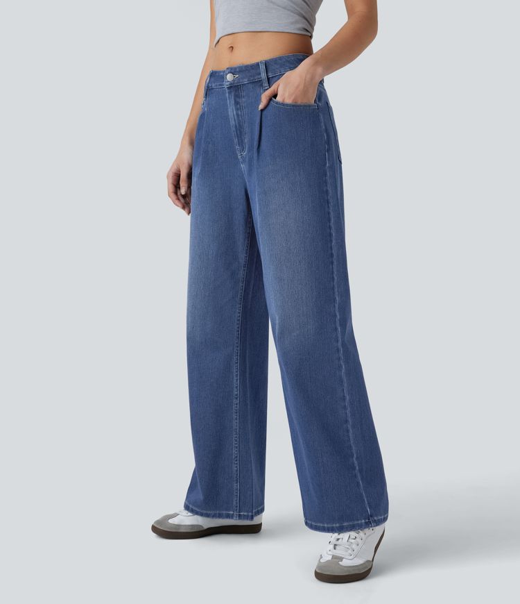 jean décontracté halara flex taille basse avec poches et coupe ample délavée