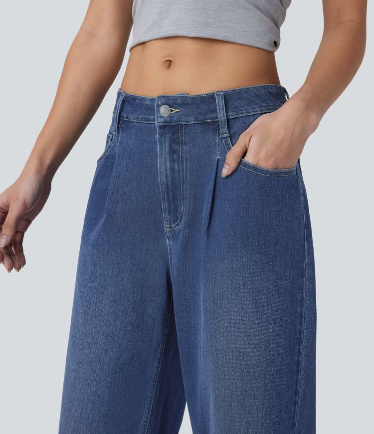 jean décontracté halara flex taille basse avec poches et coupe ample délavée