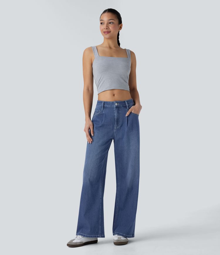 jean décontracté halara flex taille basse avec poches et coupe ample délavée
