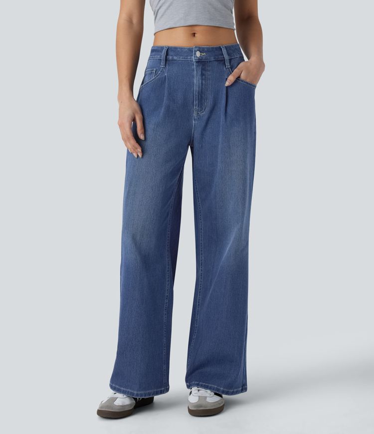 jean décontracté halara flex taille basse avec poches et coupe ample délavée