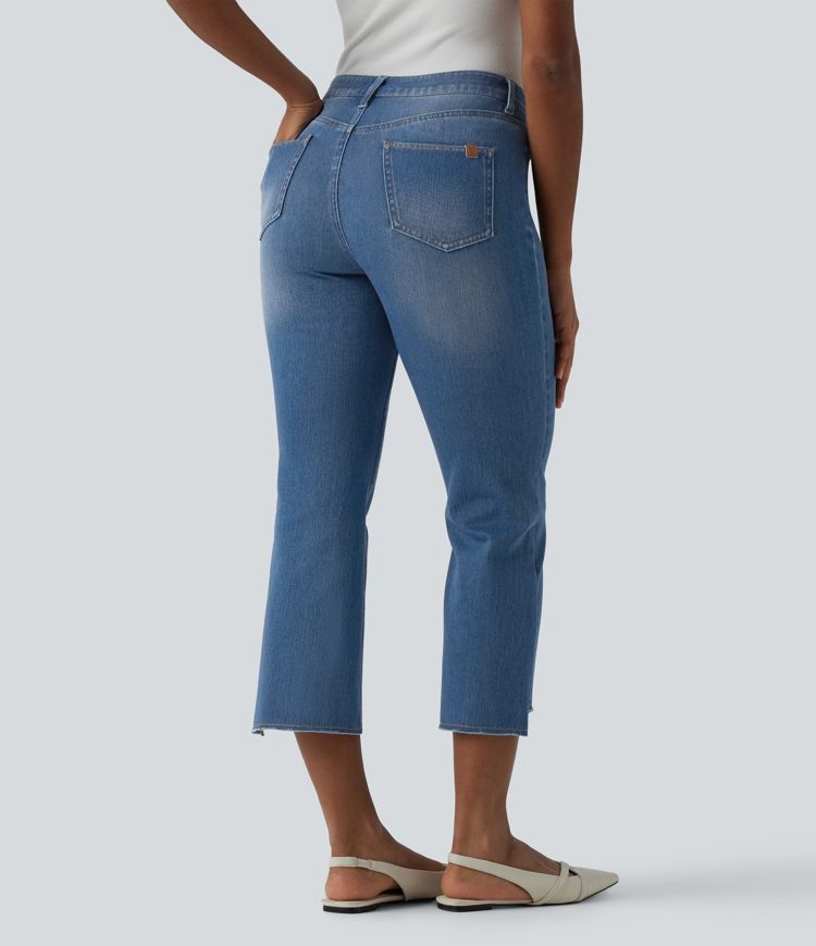 jean court décontracté à taille mi-haute et ourlet asymétrique halara flex avec poches
