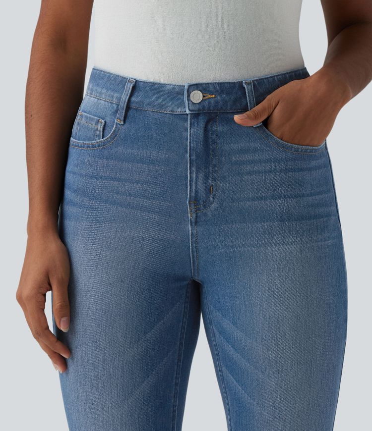 jean court décontracté à taille mi-haute et ourlet asymétrique halara flex avec poches