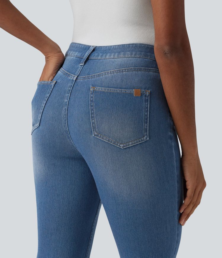 jean court décontracté à taille mi-haute et ourlet asymétrique halara flex avec poches