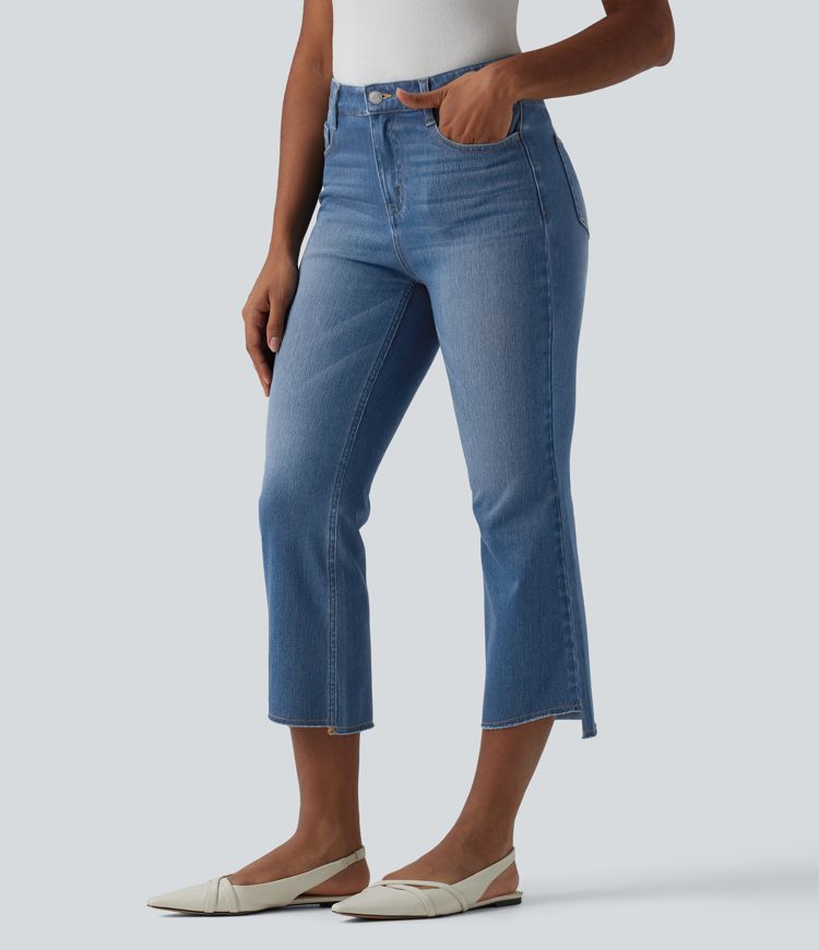 jean court décontracté à taille mi-haute et ourlet asymétrique halara flex avec poches