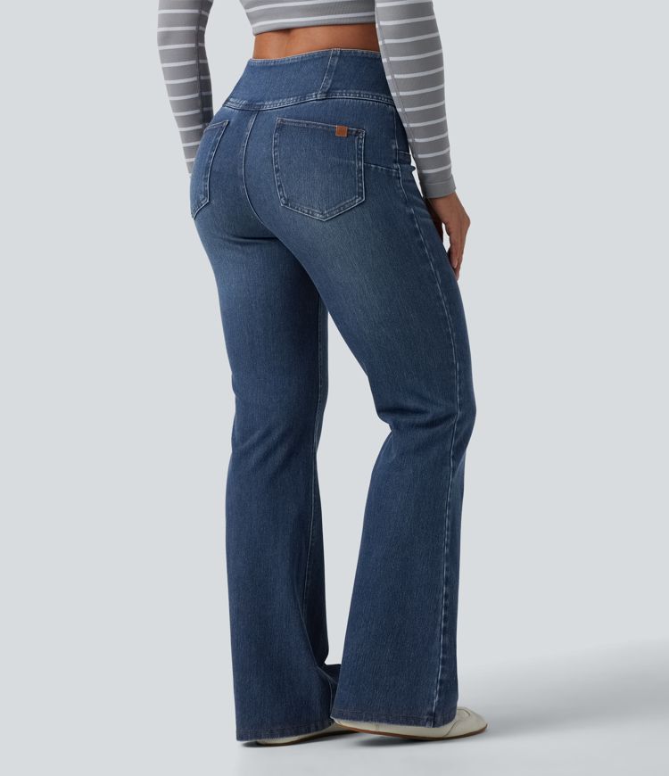 jean décontracté halara flex taille mi-haute effet ventre plat demi-zip et poches