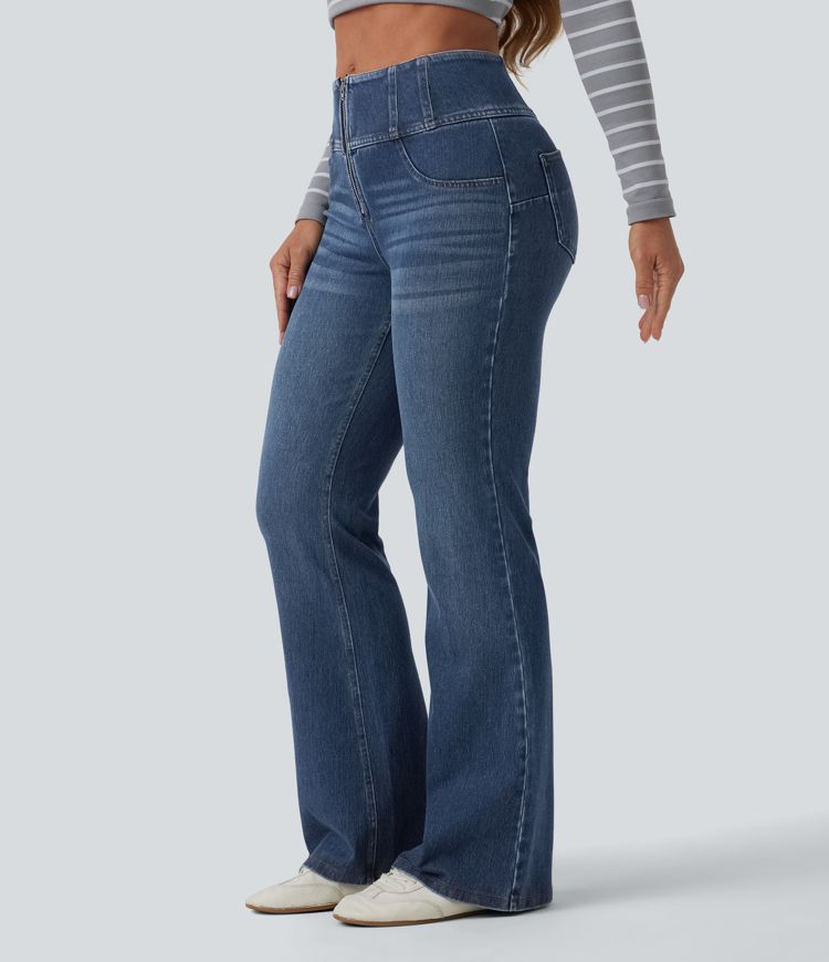 jean décontracté halara flex taille mi-haute effet ventre plat demi-zip et poches