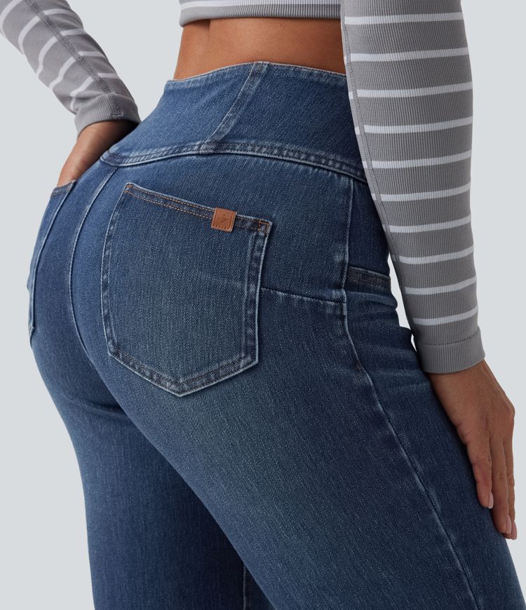 jean décontracté halara flex taille mi-haute effet ventre plat demi-zip et poches