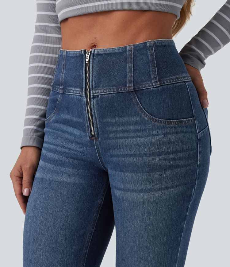 jean décontracté halara flex taille mi-haute effet ventre plat demi-zip et poches