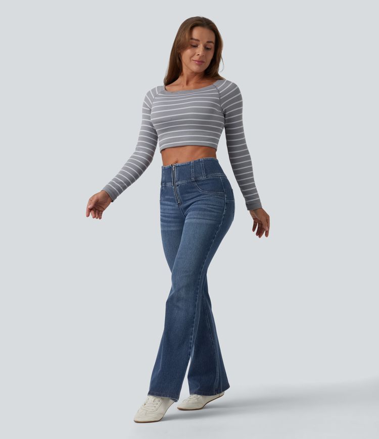jean décontracté halara flex taille mi-haute effet ventre plat demi-zip et poches