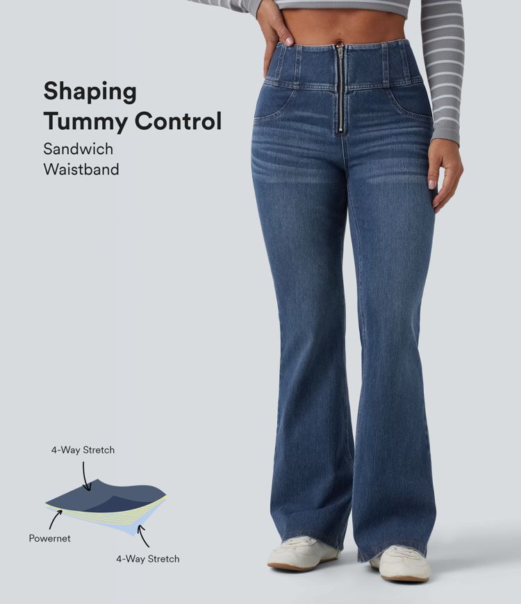 jean décontracté halara flex taille mi-haute effet ventre plat demi-zip et poches
