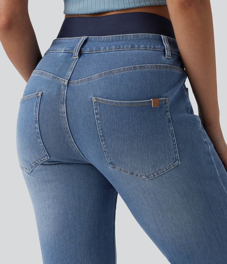 jean évasé décontracté à taille haute et double ceinture halara flex avec poches