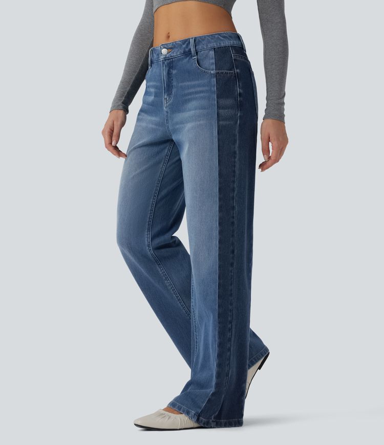 jean décontracté halara flex taille basse jambes larges color block avec poches