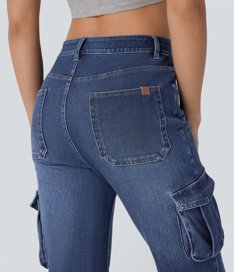 jean cargo évasé décontracté à poches et taille mi-haute halara flex