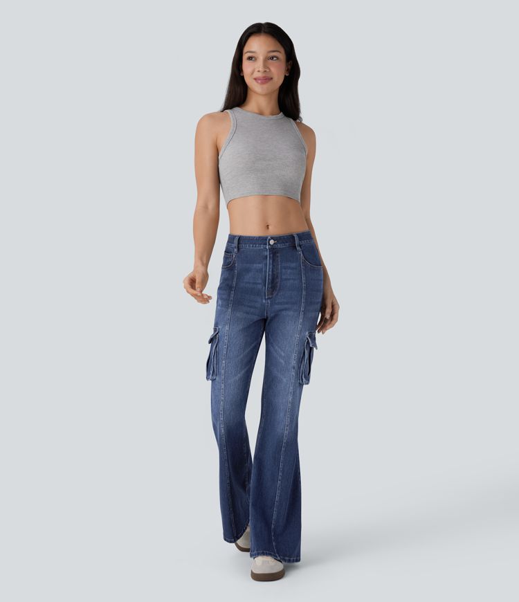 jean cargo évasé décontracté à poches et taille mi-haute halara flex