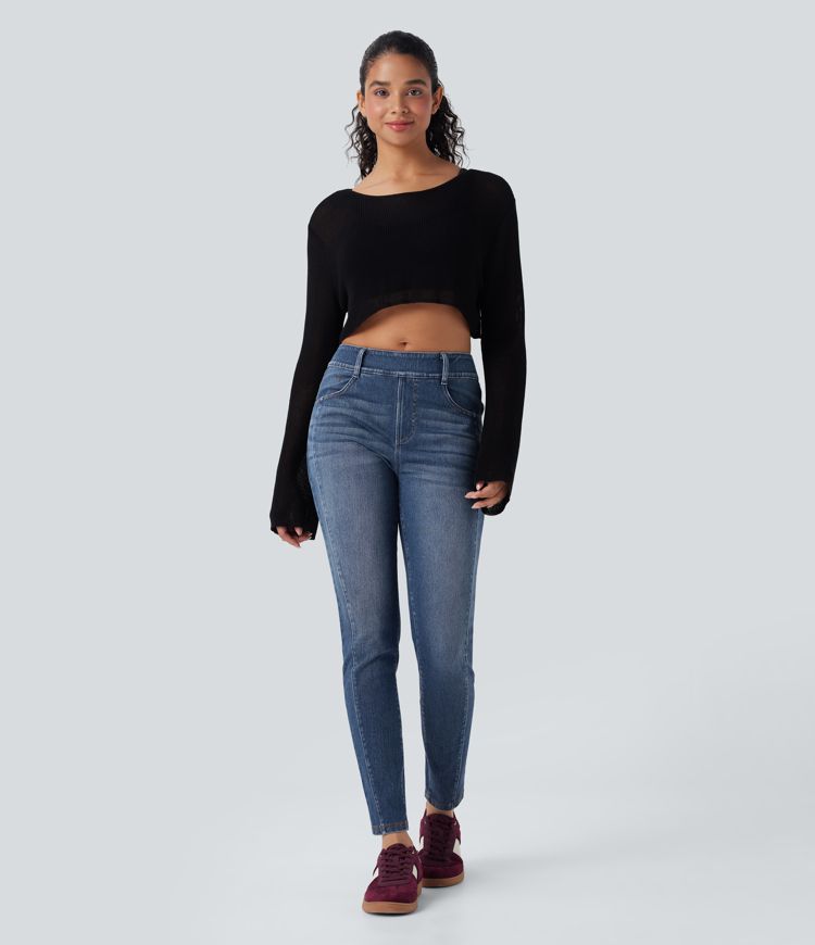 jean skinny décontracté halara flex taille mi-haute délavé avec poches