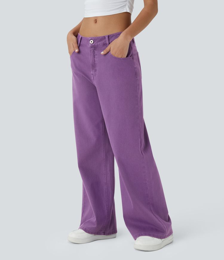 jean décontracté halara flex taille basse avec poches zippées et jambes larges colorées