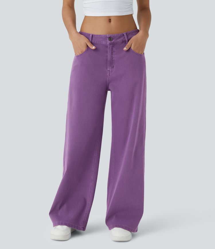 jean décontracté halara flex taille basse avec poches zippées et jambes larges colorées