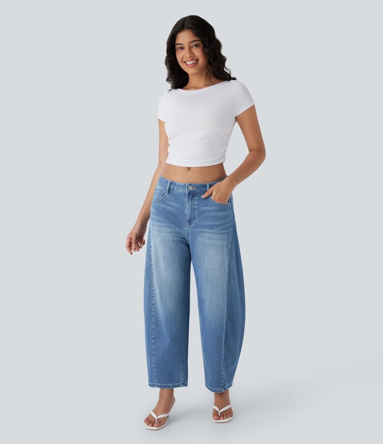 jean halara flex taille mi-haute coupe décontractée délavé à jambes fuselées et poches