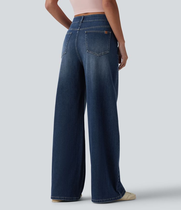 jean décontracté asymétrique à taille mi-haute et jambes larges avec poches halara flex