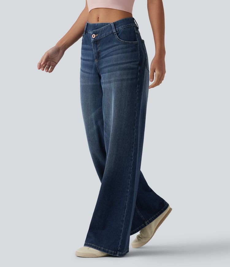 jean décontracté asymétrique à taille mi-haute et jambes larges avec poches halara flex