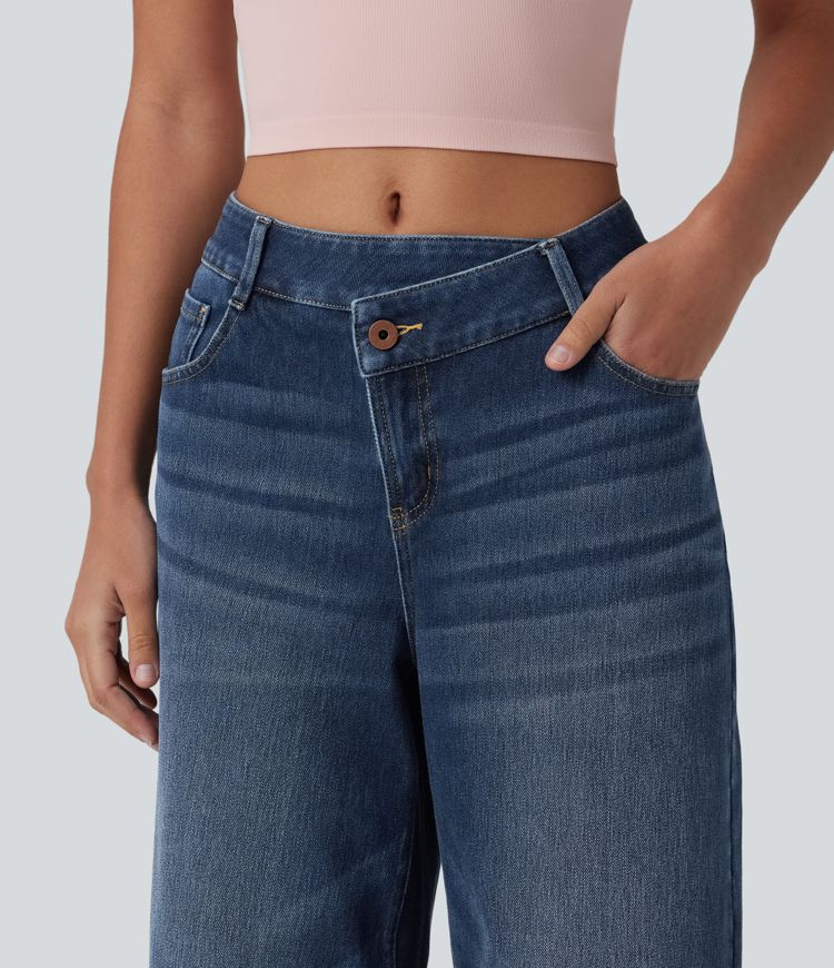 jean décontracté asymétrique à taille mi-haute et jambes larges avec poches halara flex