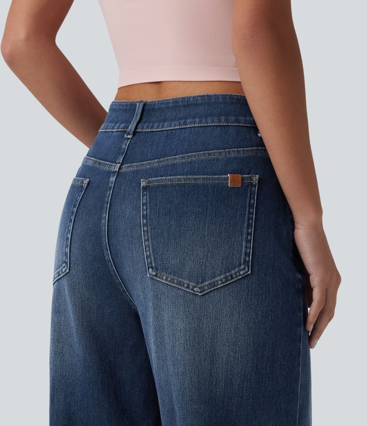 jean décontracté asymétrique à taille mi-haute et jambes larges avec poches halara flex