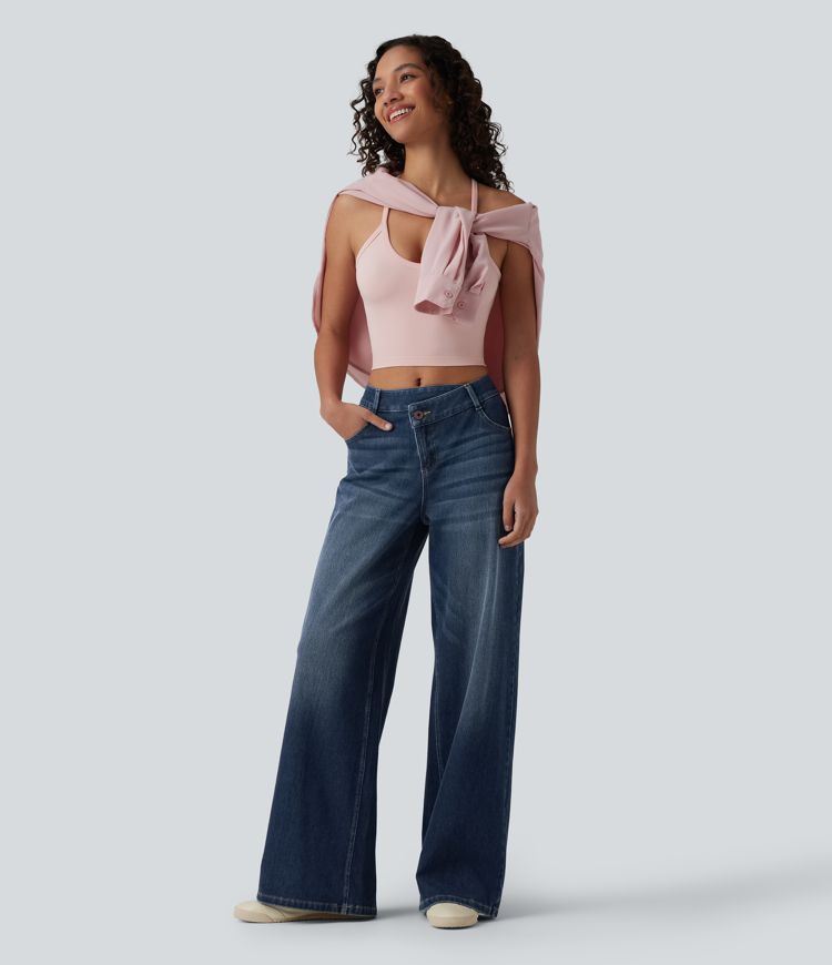 jean décontracté asymétrique à taille mi-haute et jambes larges avec poches halara flex